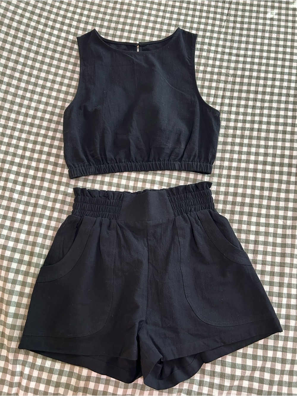 Black Two-Piece Crop Top and High-Waist Shorts Set